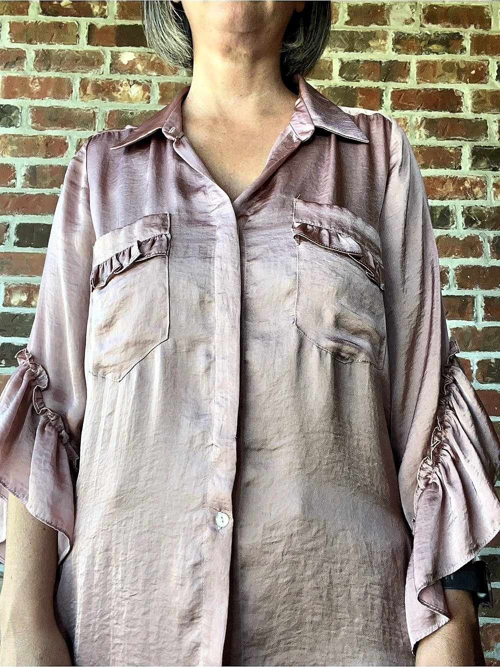 MISA Los Angeles Ruffle Sleeve Button Down in Pink XS Like New